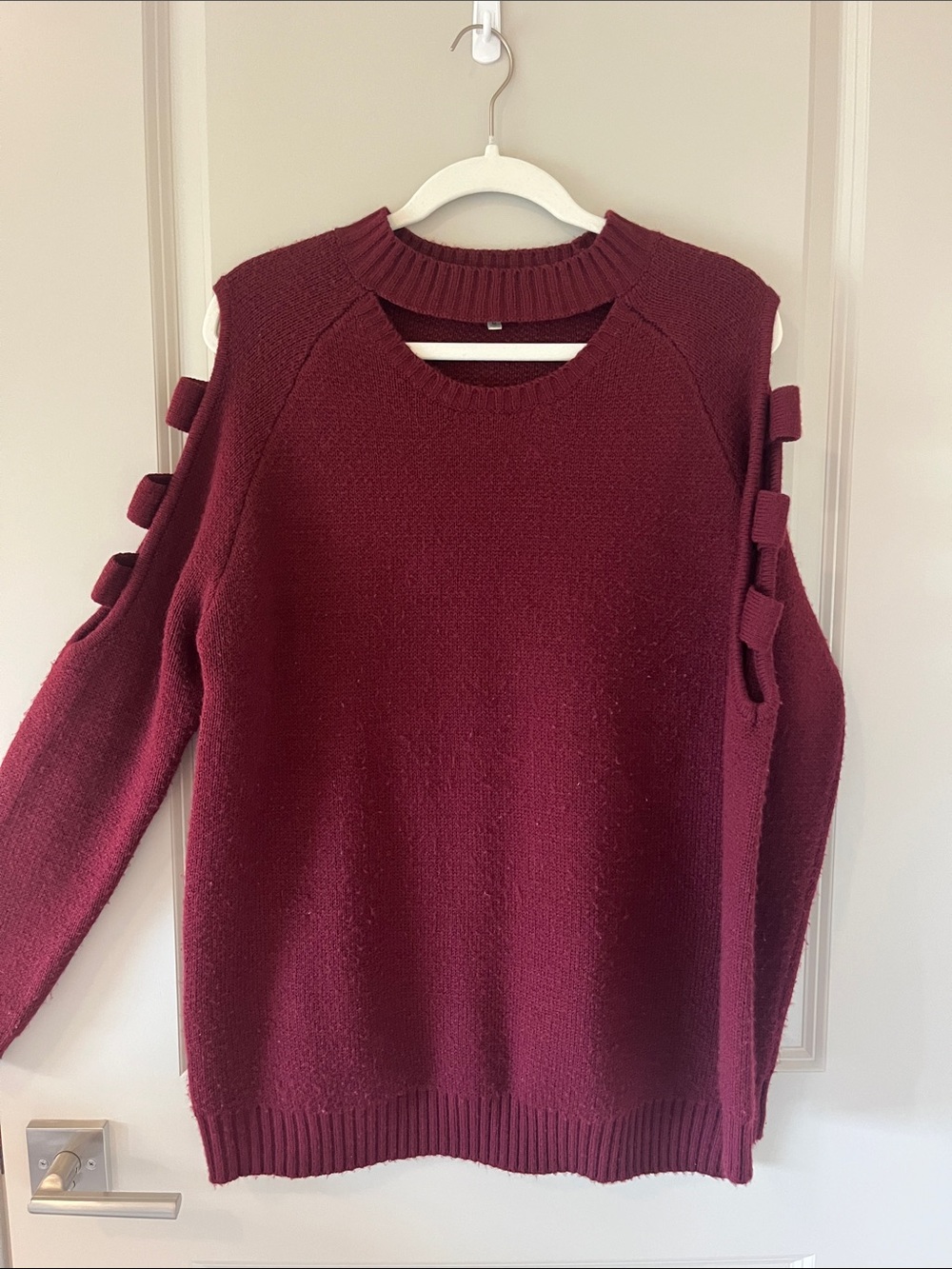 JODIFL Wine Cold-Shoulder Crewneck Sweater with Bow Tabs
